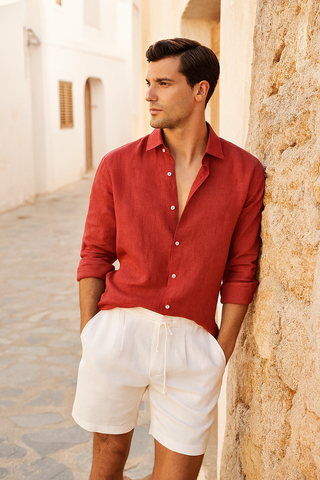 Francesco Men Natural Linen Blaze Orange Shirt