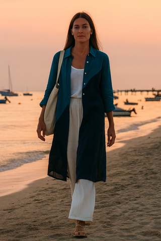 SHENNA SHIRT PURE NATURAL LINEN COLOR BLOCK LONG DRESS