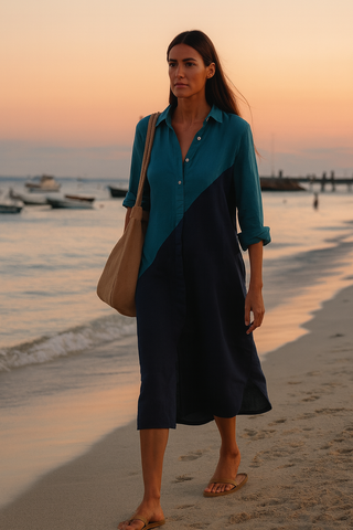 SHENNA SHIRT PURE NATURAL LINEN COLOR BLOCK LONG DRESS