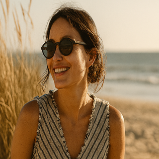 Woman in a striped dress sitting on the beach with sunglasses and sandals.