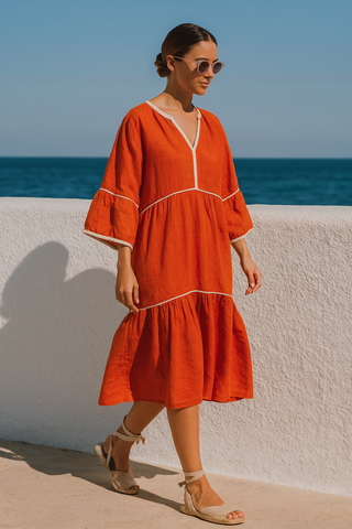OLIVA PURE NATURAL LINEN SOLID COLOR LONG TIER DRESS
