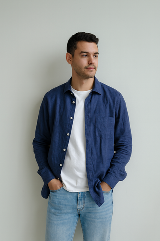Francesco Men Natural Linen Soft Space Blue Shirt