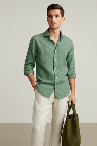 Francesco Men Natural Linen Soft Fern Green Shirt