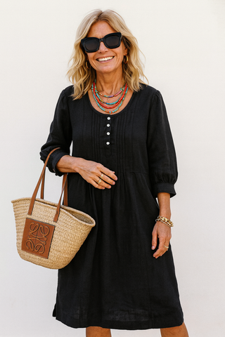 ISLA PURE NATURAL LINEN SOLID COLOR PLEATED DRESS