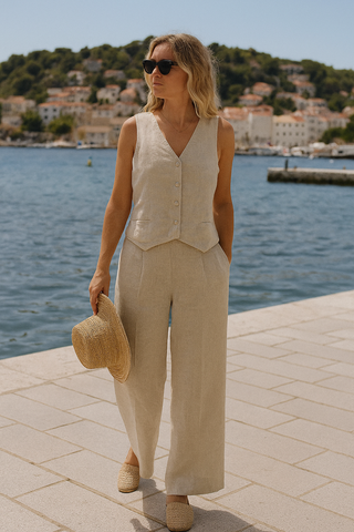 BELLA PURE NATURAL LINEN VEST WITH PANT CO-ORD SET