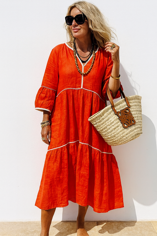 OLIVA PURE NATURAL LINEN SOLID COLOR LONG TIER DRESS