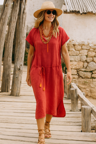 BAIA PURE NATURAL LINEN SOLID COLOR RAGLEEN SLEEVE DRESS WATERMELON