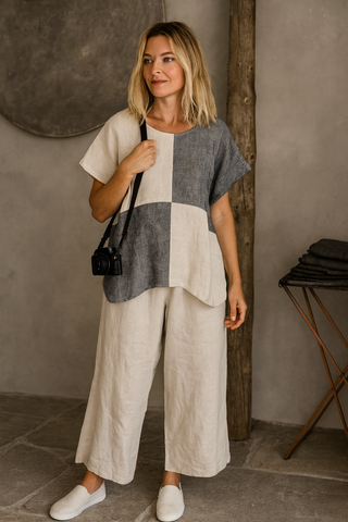 VESALA PURE NATURAL LINEN COLOR BLOCK OVERSIZED TUNIC