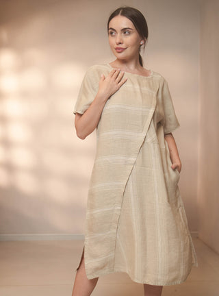 SORRENTO PURE NATURAL LINEN SHADOW STRIPE SAND DRESS