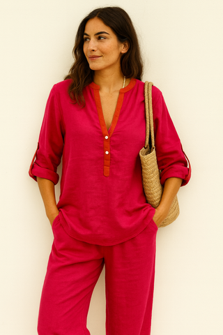 ESTELLE PURE NATURAL LINEN PANT WITH ZIPPER AND BUTTON