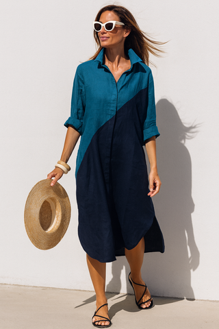 SHENNA SHIRT PURE NATURAL LINEN COLOR BLOCK LONG DRESS