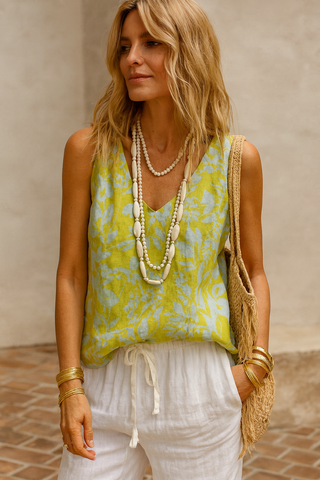 ALMA PURE NATURE LINEN LEAFY SERENITY PRINTED TANK TOP