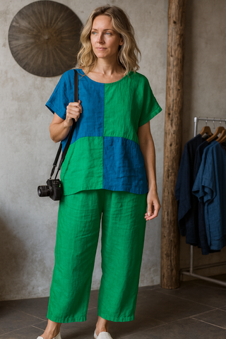 VESALA PURE NATURAL LINEN COLOR BLOCK OVERSIZED TUNIC