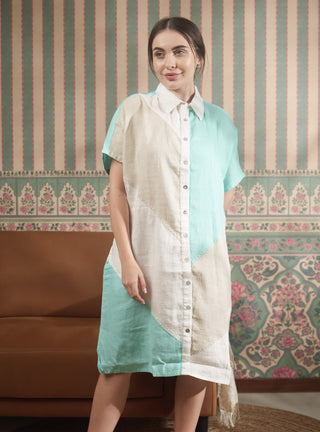 KOYA PURE NATURAL LINEN COLOR BLOCK MID LENGTH SHIRT DRESS