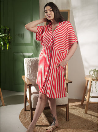 OMERALA SHACKET PURE NATURAL LINEN STRIPED SUNSET DRESS