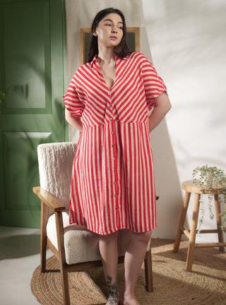 OMERALA SHACKET PURE NATURAL LINEN STRIPED SUNSET DRESS