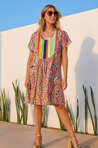 PALMA PURE NATURAL LINEN COLORWAVE ABSTRACT DRESS
