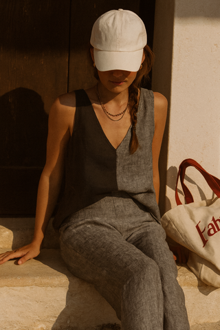 SARALA Pure Natural Linen Color Block V NECK TANK TOP