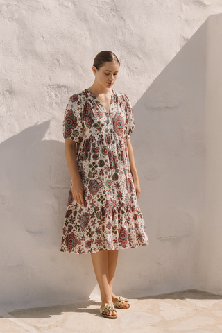 DORA PURE NATURAL LINEN VIVID ORNAMENTS DRESS