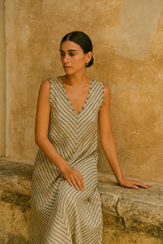 IZIA PURE NATURAL LINEN WHIPCORD STRIPE DRESS