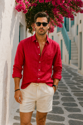 Francesco Men Natural Linen Fuchsia Shirt