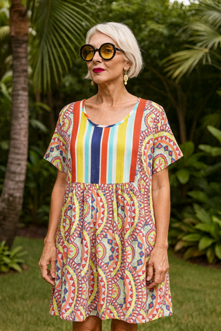 PALMA PURE NATURAL LINEN COLORWAVE ABSTRACT DRESS