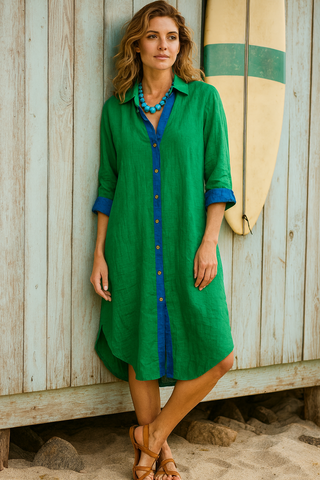 LIORA PURE NATURAL LINEN SOLID COLOR SHIRT DRESS